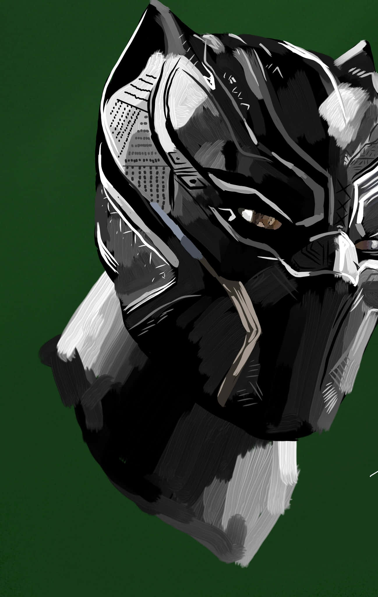 King Of Wakanda 桌布 壁紙 — 一幅風格化的插圖，描繪黑豹的頭部，以黑白配色呈現，帶有兇猛的眼神，背景為深綠色。