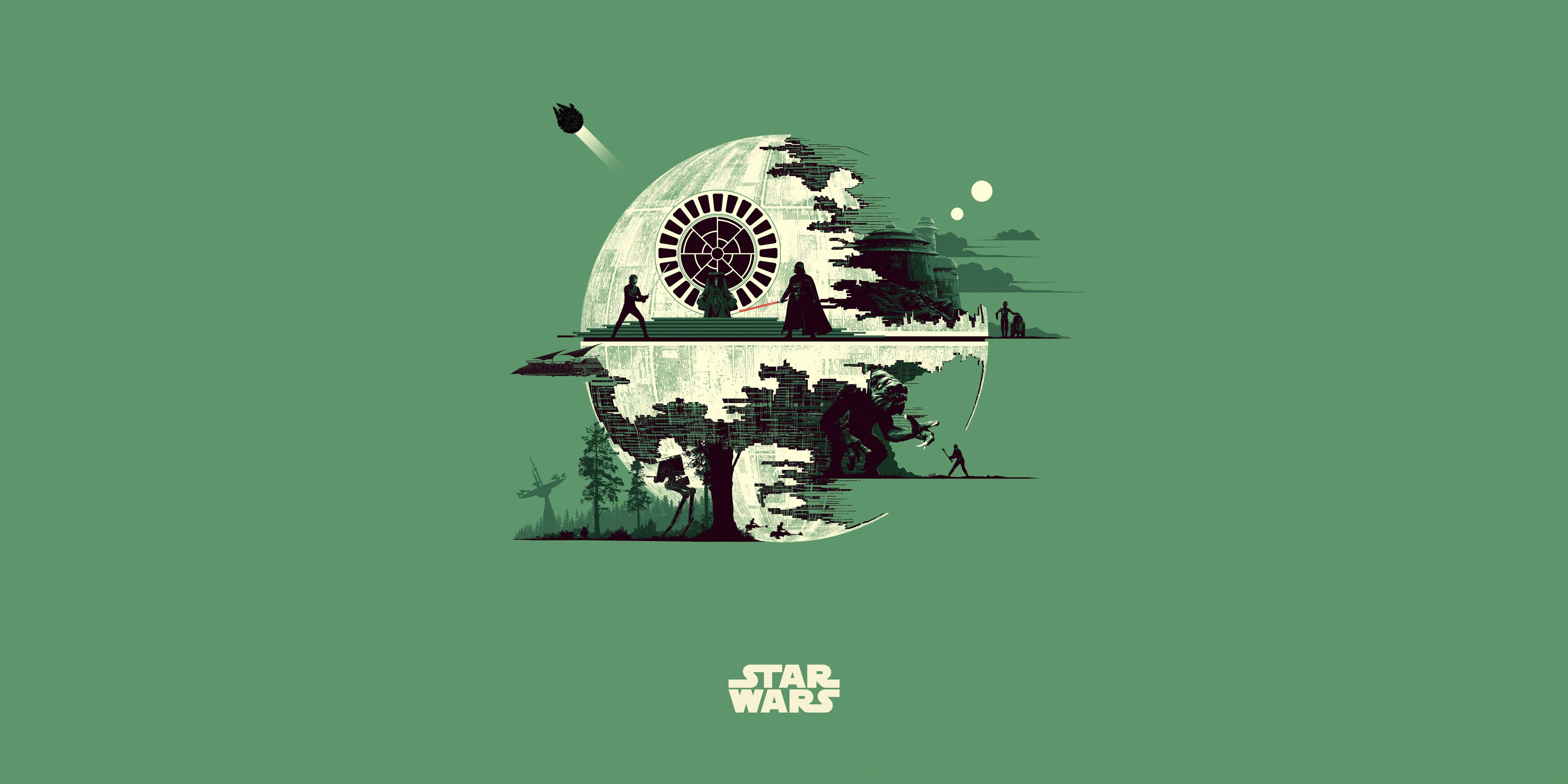 Vader 桌布 壁紙 — 一幅風格化的插圖，死星被分成兩半，在綠色背景上展現星際大戰角色和場景。