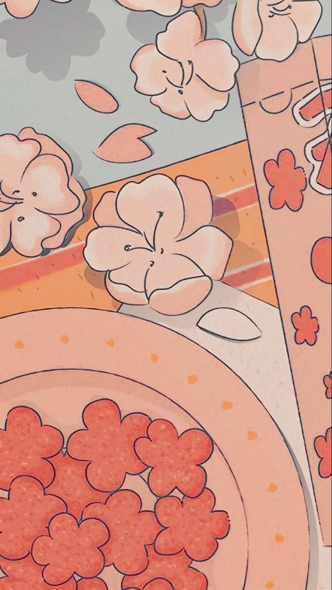 粉紅色的櫻花漂浮在柔和粉彩色的圖案表面上。 — 柔和美學 GIF 壁紙