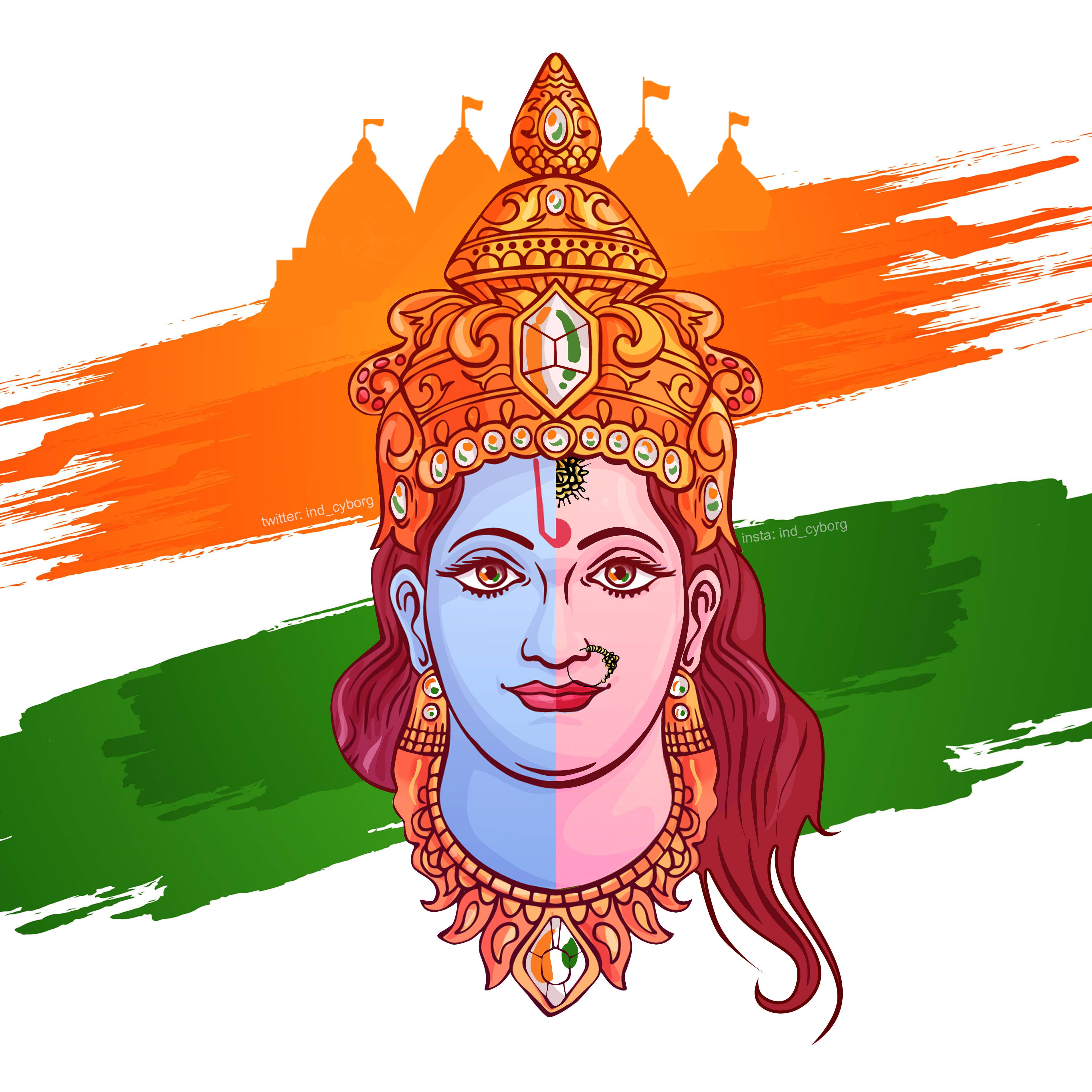 India 桌布 壁紙 — 一幅風格化的插畫神祇肖像，臉部一半藍色一半粉紅色，背景為繪製的印度國旗。
