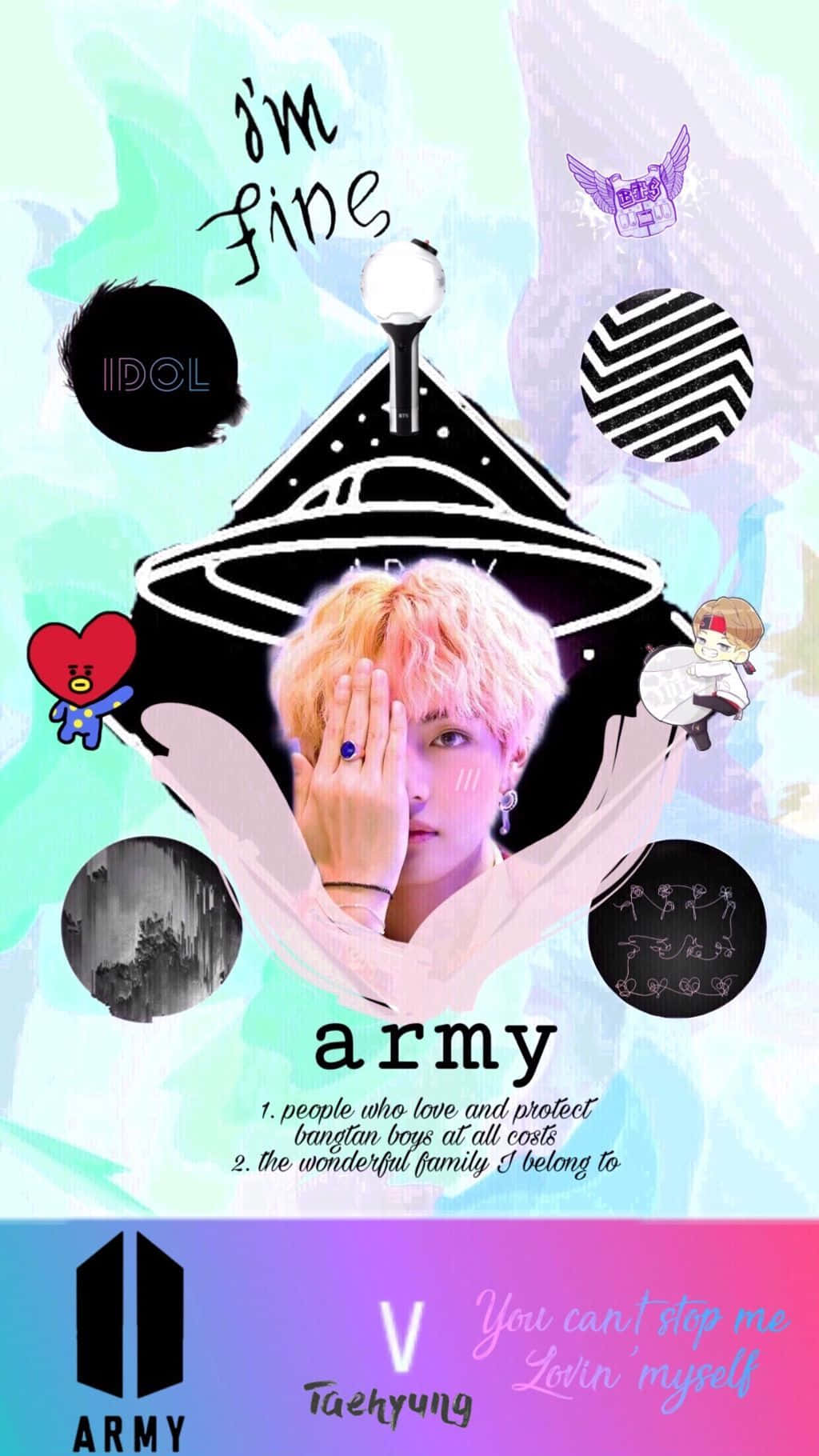 Bts Army Bomb 桌布 壁紙 — 一幅風格化的數位拼貼畫，中央是泰亨的肖像，周圍環繞著粉絲符號和文字元素，背景為柔和漸變色。