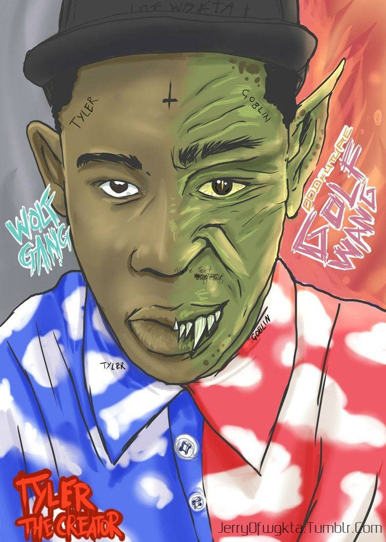 tyler 桌布 壁紙 — 一幅風格化的數位插圖，描繪 Tyler the Creator 半邊臉為綠色哥布林，戴著帽子和愛國襯衫。