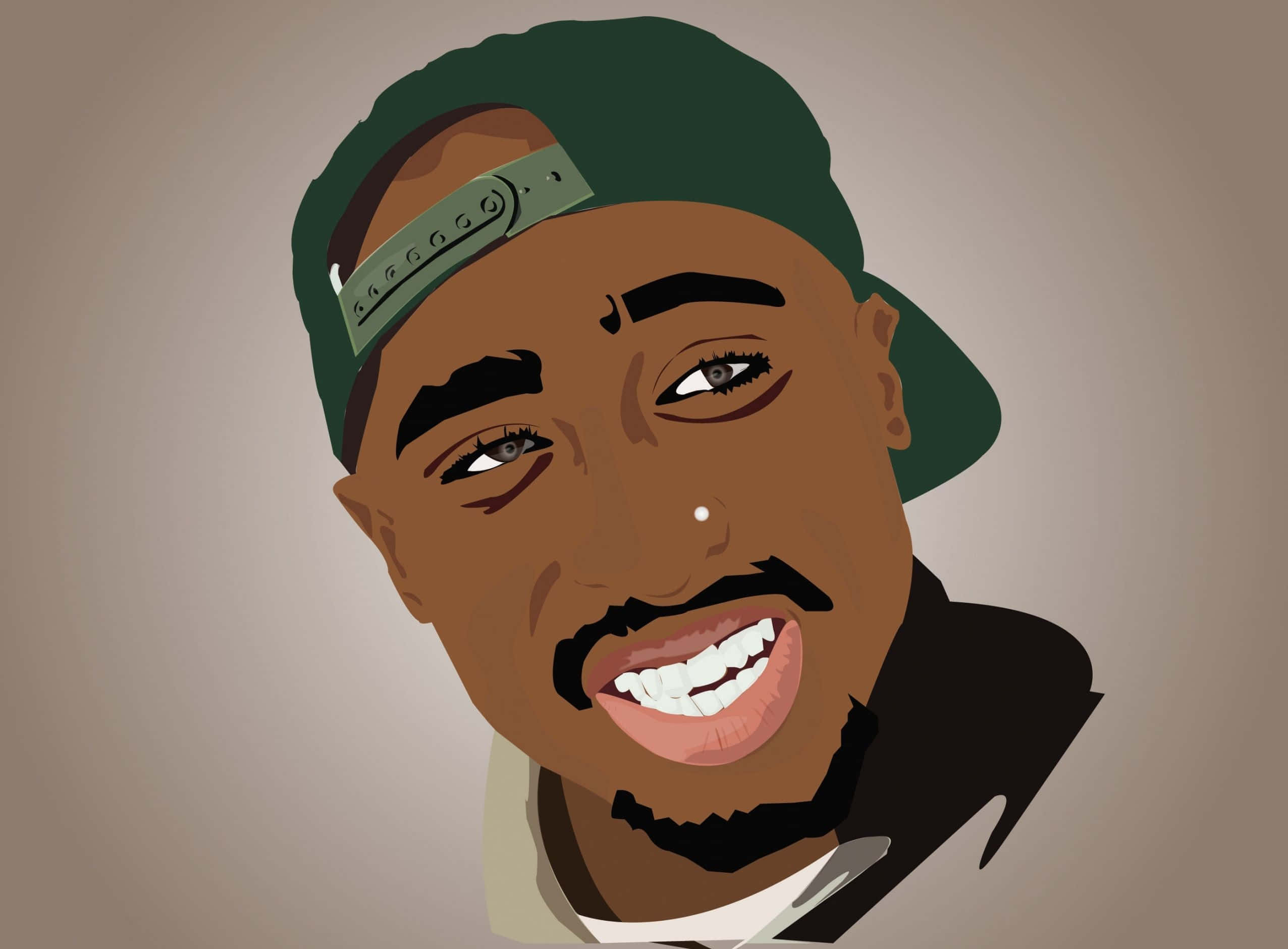 Cartoon Rapper 桌布 壁紙 — 一幅風格化的數位插圖，描繪Tupac Shakur戴著綠色棒球帽，露出燦爛的笑容。
