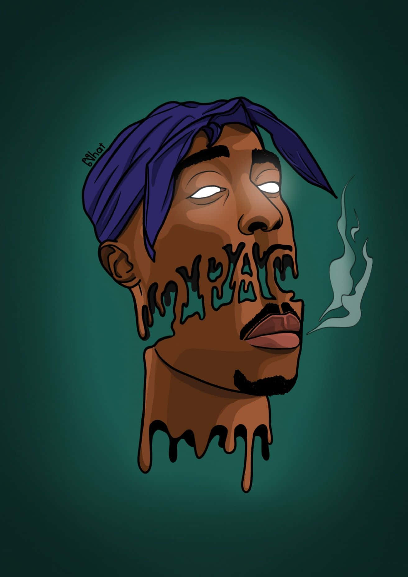 桌布 壁紙 — 一幅風格化的數位插圖，描繪Tupac Shakur面容融化並冒煙，背景為深藍綠色。