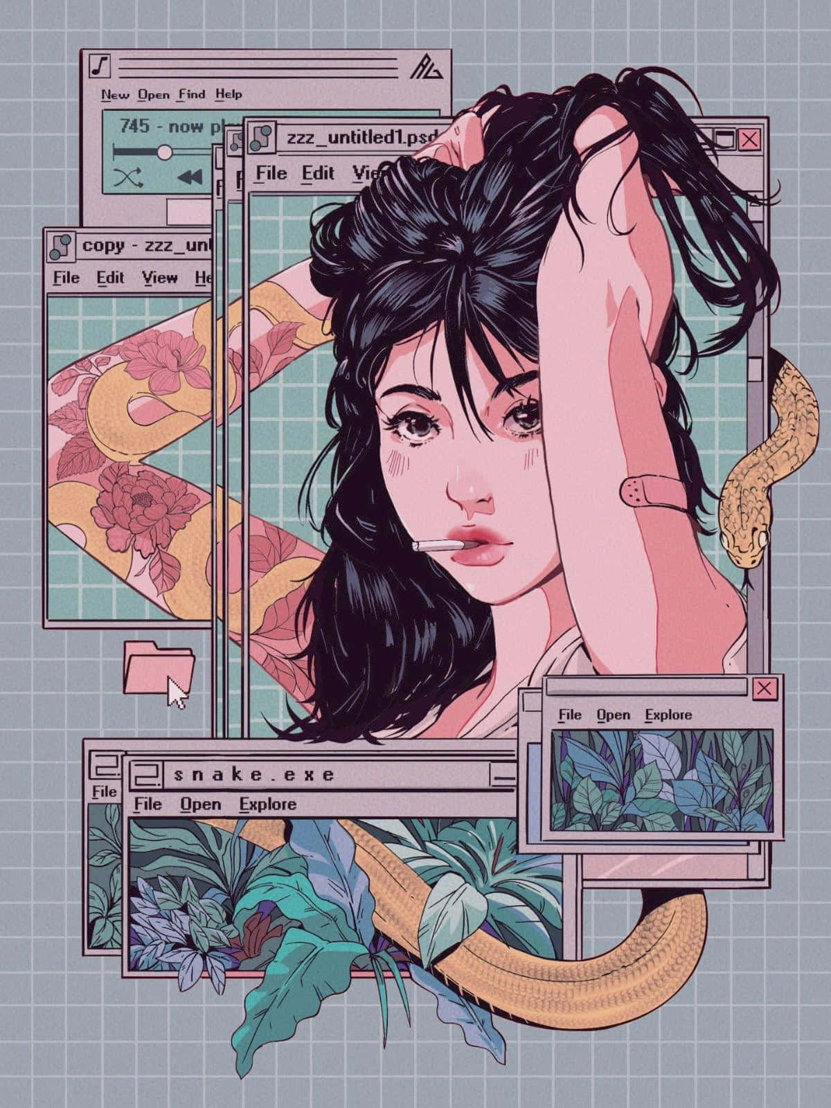 動漫風格 桌布 壁紙 — 一幅風格化的數位插圖，描繪一位深色頭髮、叼著香煙的年輕女性，周圍環繞著復古電腦視窗和一條蛇。