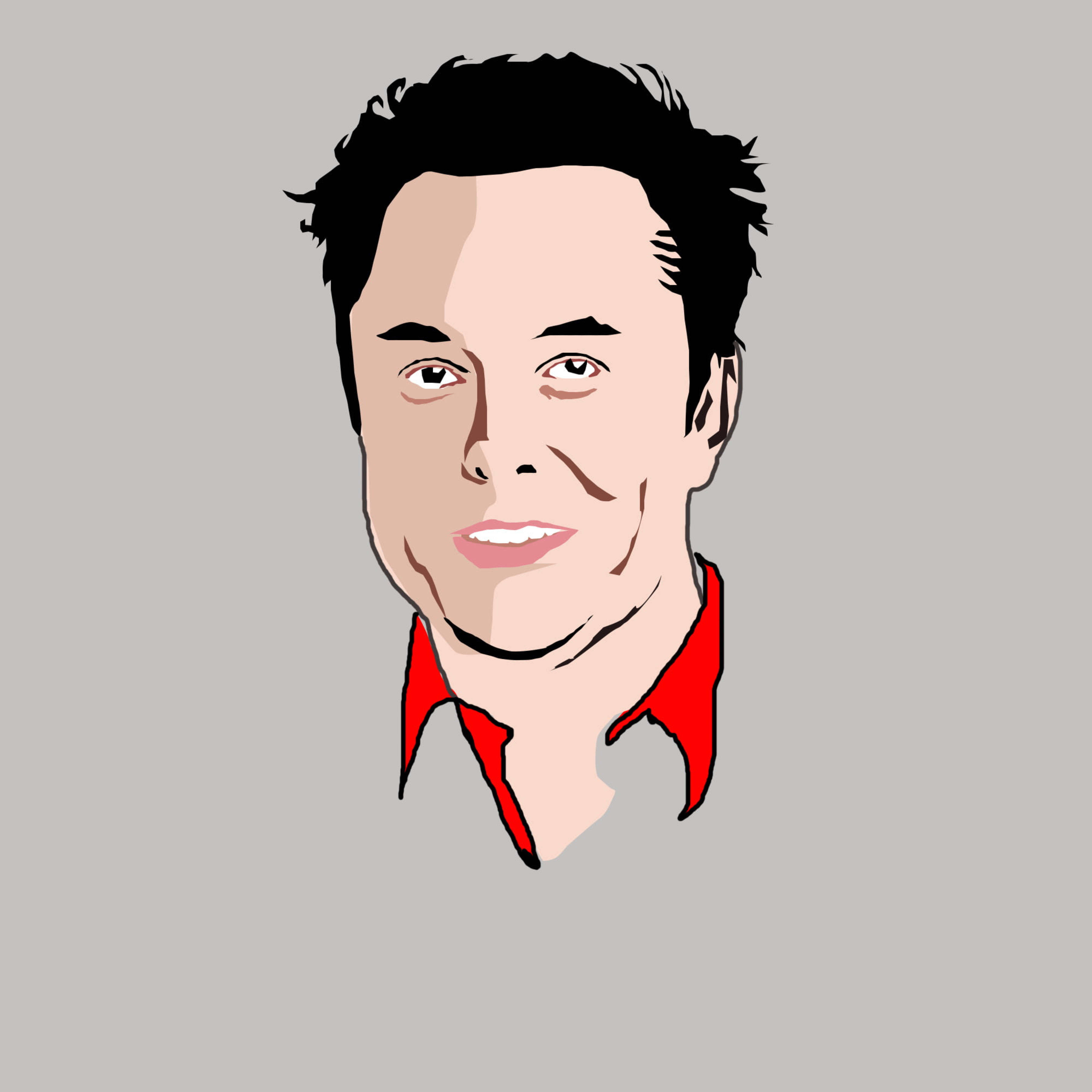 Elon 桌布 壁紙 — 一幅風格化的數位插圖，描繪一位黑髮、身穿紅色有領襯衫的男子，背景為灰色。