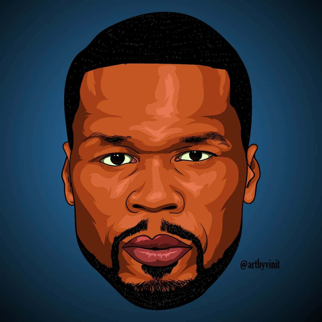 50 Cent 桌布 壁紙 — 一幅風格化的數位插圖，描繪一個男人的臉部，帶有粗線條和溫暖的膚色，背景為深藍色漸層。