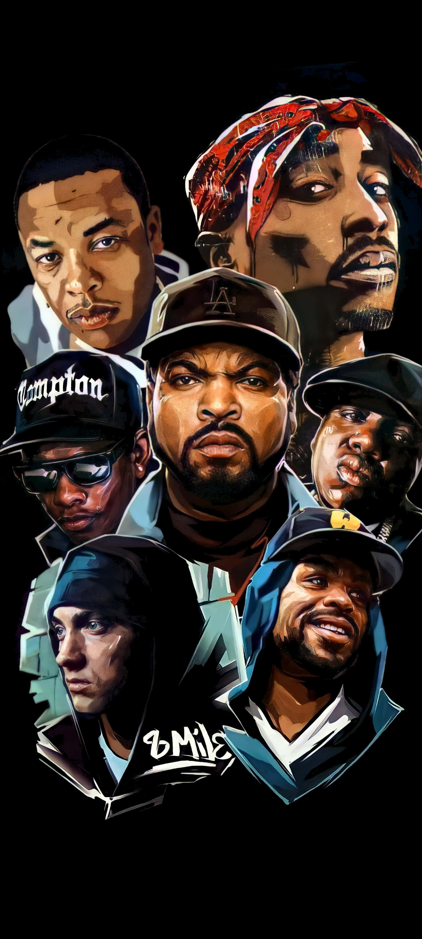 Rapper Collage 桌布 壁紙 — 一幅風格化的數位插圖，描繪六位標誌性嘻哈藝術家，在黑色背景上展現強烈表情。