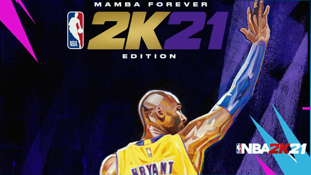 NBA 2k21 桌布 壁紙 — 一幅風格化的數位插圖，描繪柯比·布萊恩穿著黃色湖人球衣，在深紫色和粉紅色的幾何背景中向上伸手。