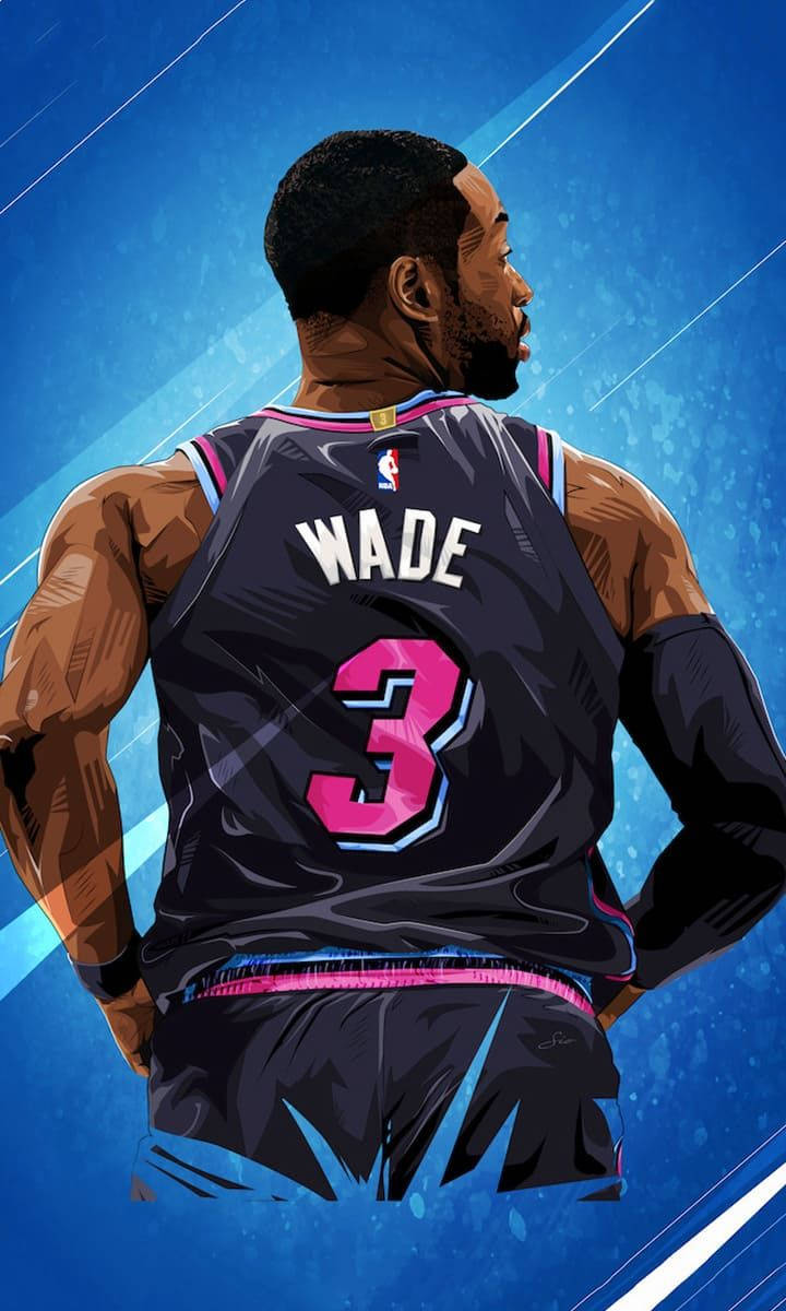 NBA 桌布 壁紙 — 一幅風格化的數位插圖，描繪籃球運動員韋德身穿黑色球衣，帶有粉紅色3號，背景為鮮豔的藍色。