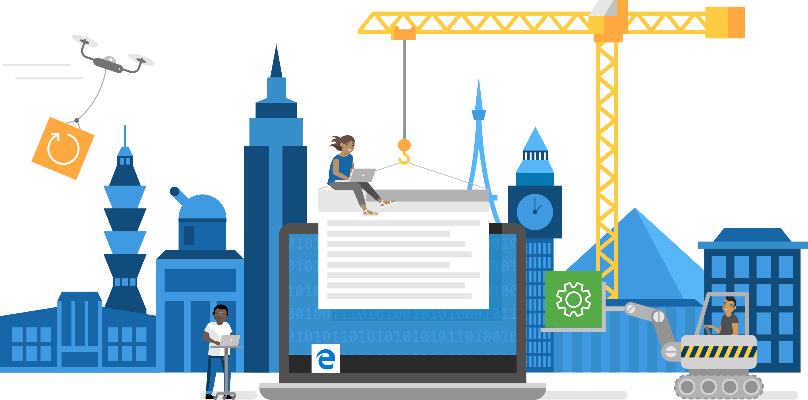 microsoft 桌布 壁紙 — 一幅風格化的數位插圖顯示一個人在一部巨大的筆記型電腦上工作，該電腦形成了帶有建築起重機、無人機和工人的城市景觀。