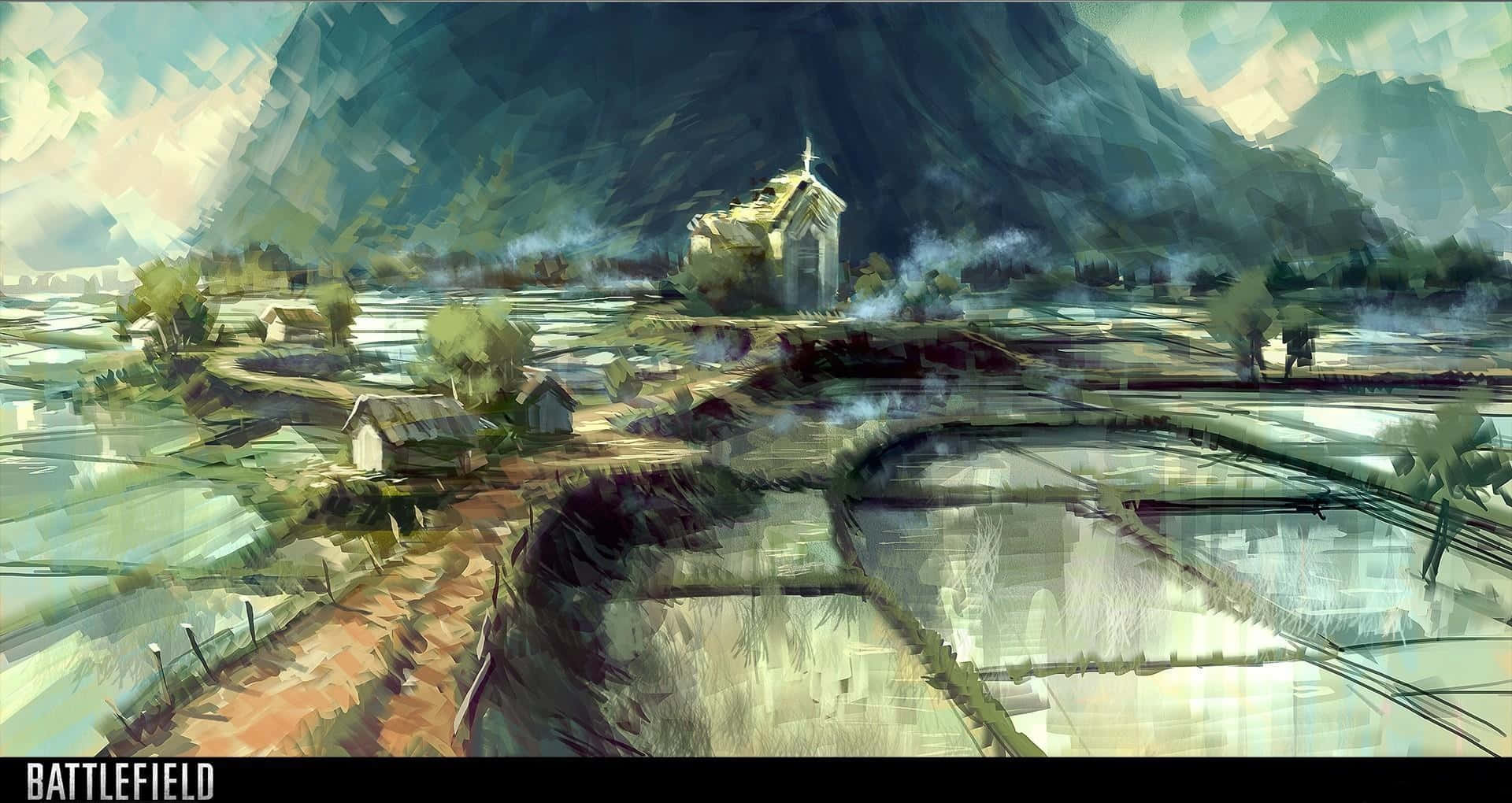 遊戲 桌布 壁紙 — 一幅風格化的數位畫作，描繪一座孤獨的教堂矗立在山丘上，俯瞰著被水淹沒的稻田，背景是霧氣繚繞的山巒。