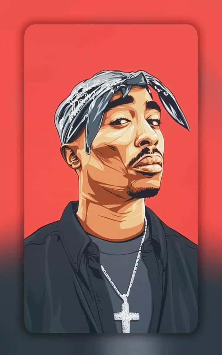桌布 壁紙 — 一幅風格化的數位肖像，Tupac Shakur 戴著頭巾和十字架項鍊，背景為大膽的紅色。