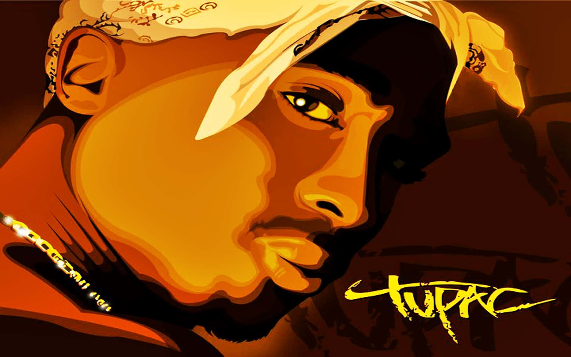 tupac 桌布 壁紙 — 一幅風格化的數位肖像，描繪Tupac Shakur，採用溫暖的橙色色調，配以黃色頭巾和金鏈。