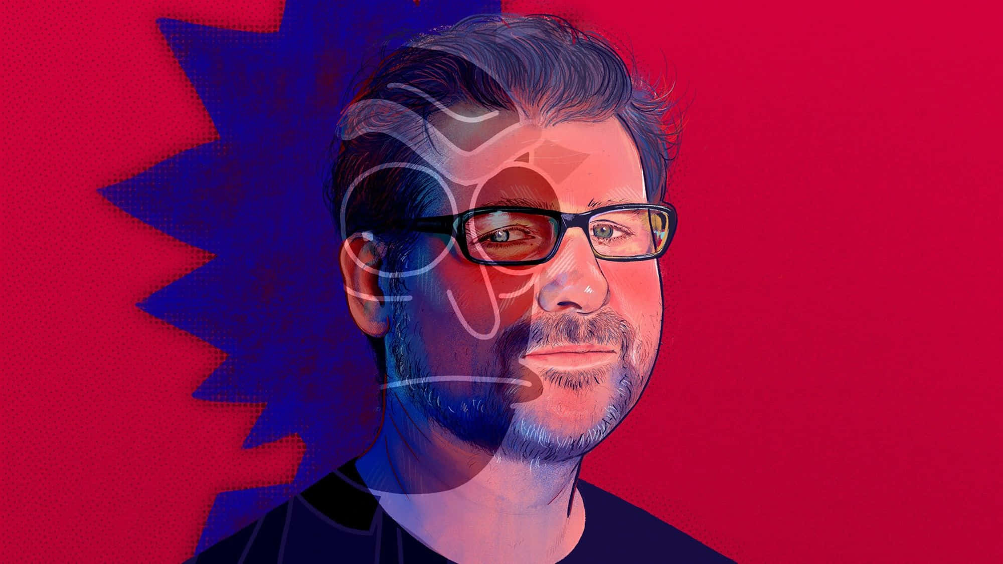 Justin Roiland 桌布 壁紙 — 一幅風格化的數位肖像，描繪一位戴眼鏡的男士，背景是充滿活力的紅色和藍色，並帶有抽象形狀。