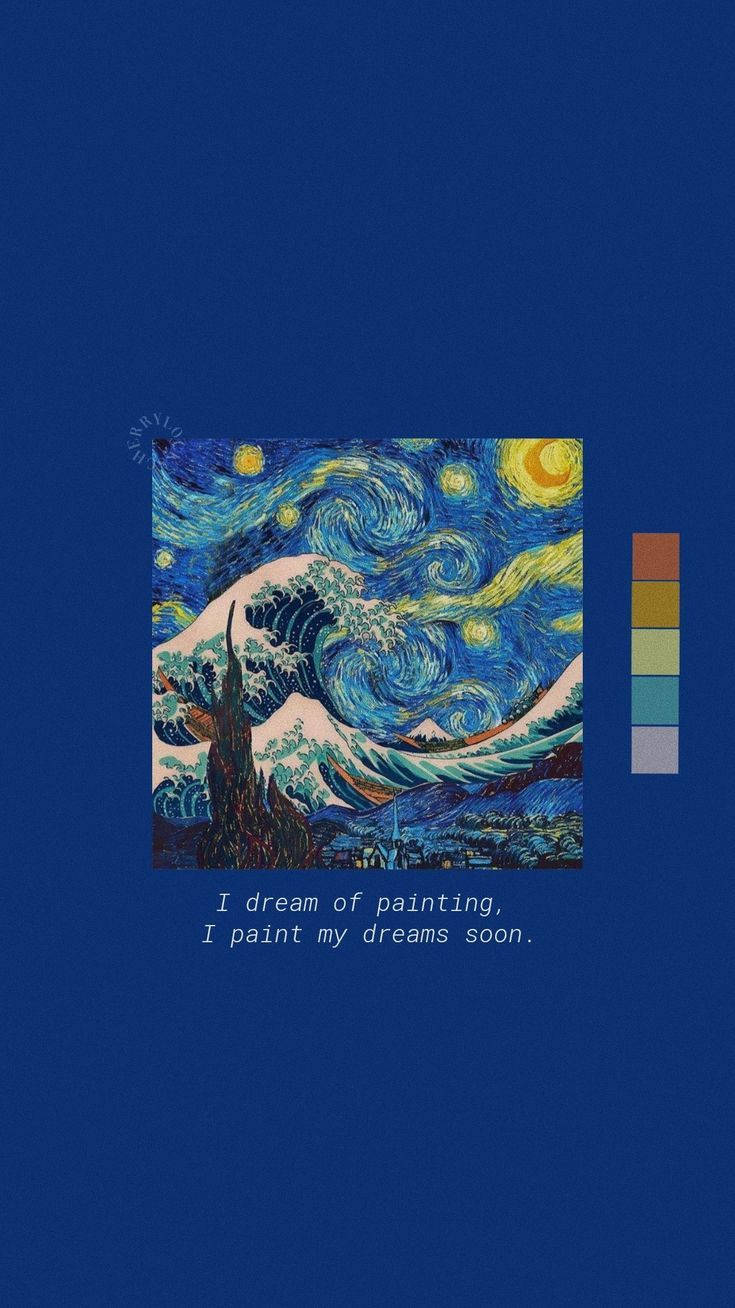 Vincent 桌布 壁紙 — 一幅風格化的數位藝術作品，將梵谷的漩渦夜空與葛飾北齋的巨浪融合在一起，背景為深藍色，帶有顏色樣本和鼓舞人心的文字。