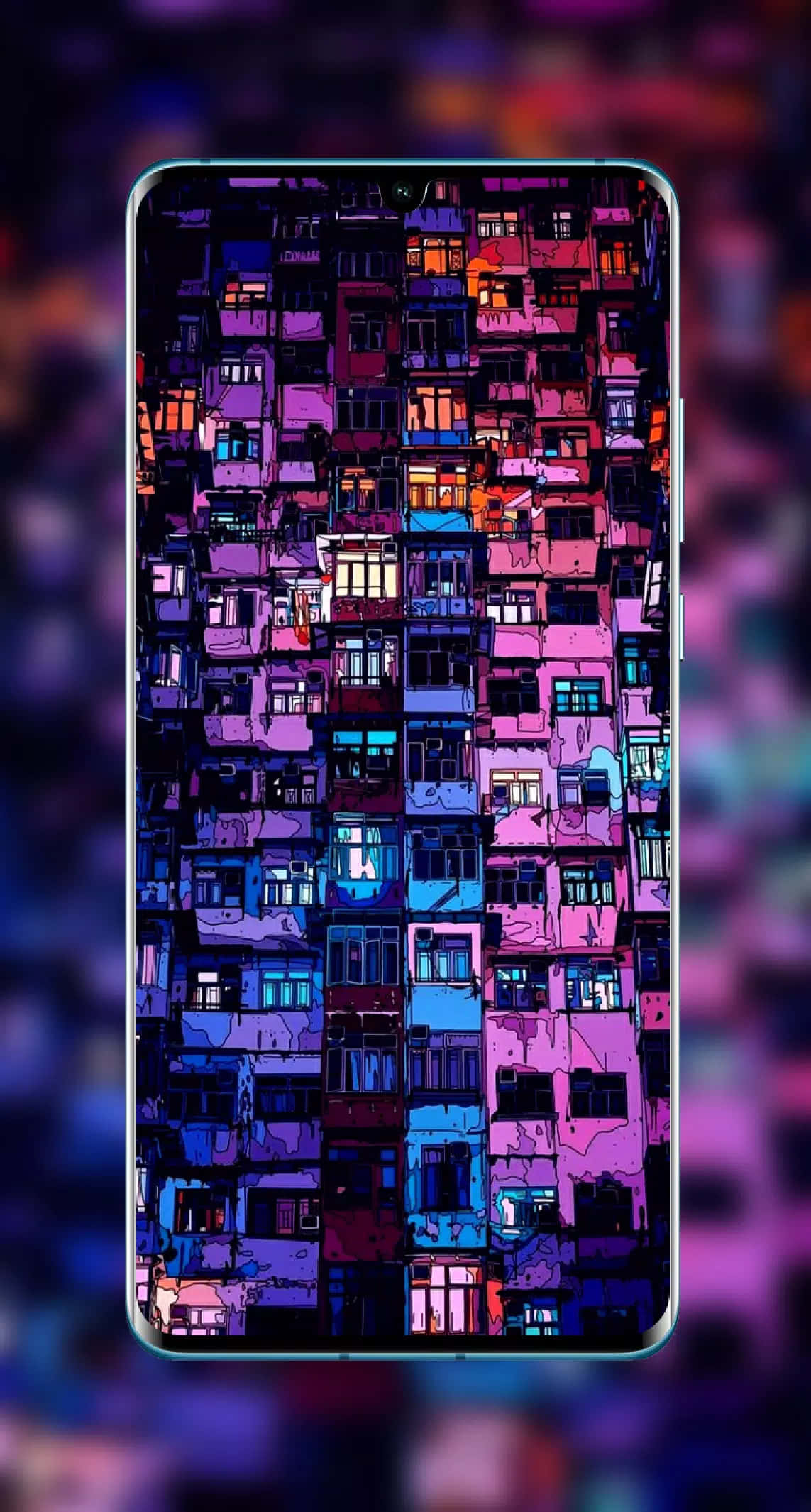 Hype Aesthetic 桌布 壁紙 — 一幅風格化的數位藝術描繪，展示夜間密集的城市公寓樓，窗戶散發著鮮豔的紫色、藍色和粉紅色光芒。