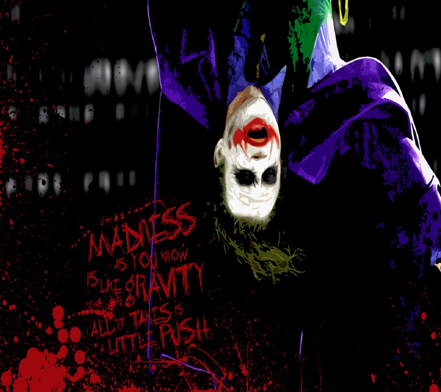 Joker Quotes 桌布 壁紙 — 一幅風格化的數位藝術肖像，描繪小丑倒掛，帶有紅色飛濺和引文，背景為深色。