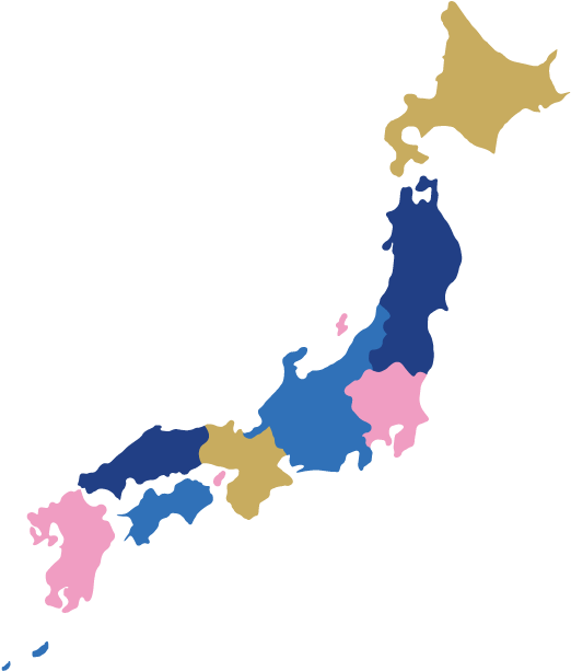 日本 桌布 壁紙 — 一幅風格化的日本地圖，區域以藍色、粉紅色和金色著色，背景為黑色。