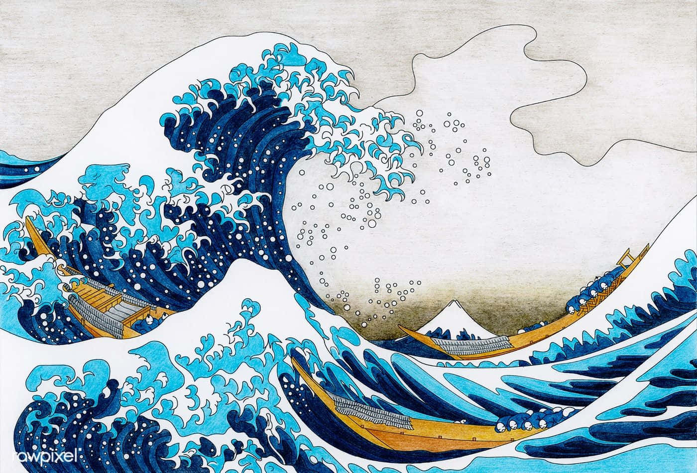The Great Wave 桌布 壁紙 — 一幅風格化的日本木版畫描繪了高聳的藍色波浪在小船周圍翻騰，遠處是富士山。
