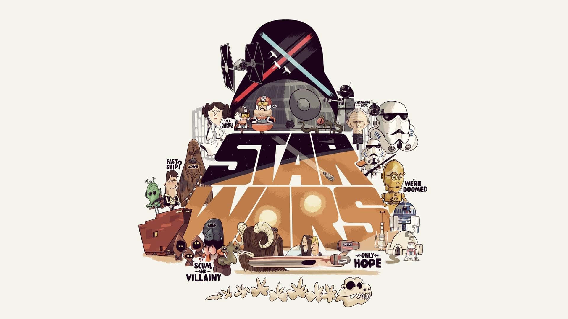 A New Hope 桌布 壁紙 — 一幅風格化的星際大戰拼貼畫，以標誌性角色和載具圍繞粗體標題排列，並附有幽默語錄。
