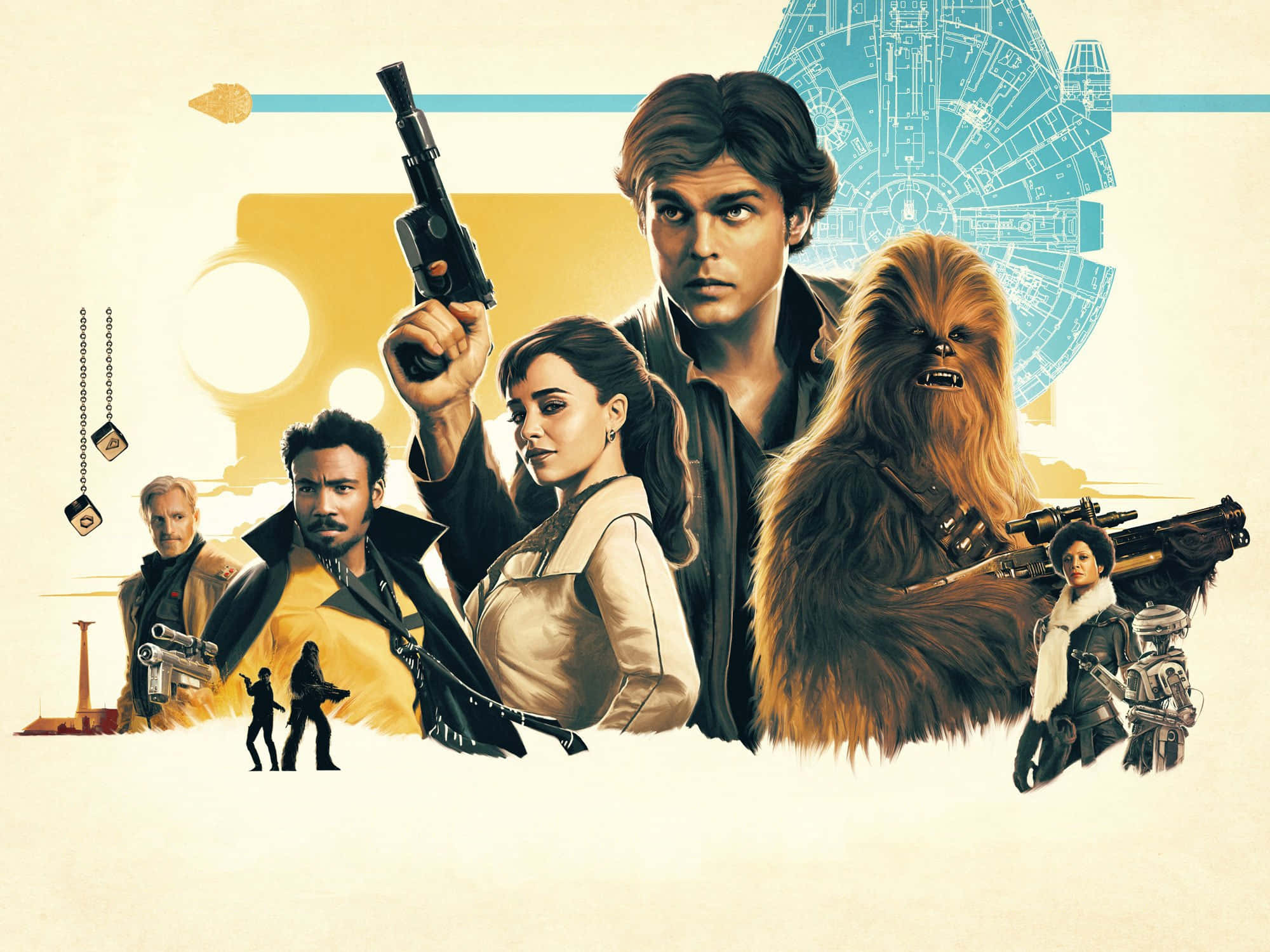 Solo A Star Wars Story 桌布 壁紙 — 一幅風格化的星際大戰角色插圖，包括韓索羅、丘巴卡和芮，背景有千年鷹號。
