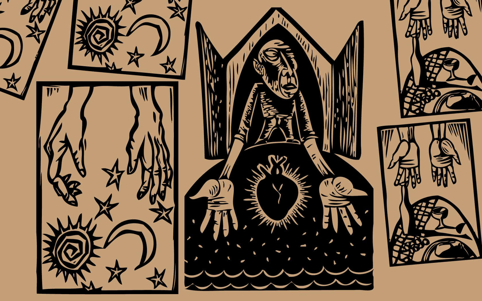 Occult 桌布 壁紙 — 一幅風格化的木刻插圖描繪了一個中心人物，手持一顆心和雙手，周圍環繞著星星、月亮和手的象徵性面板。