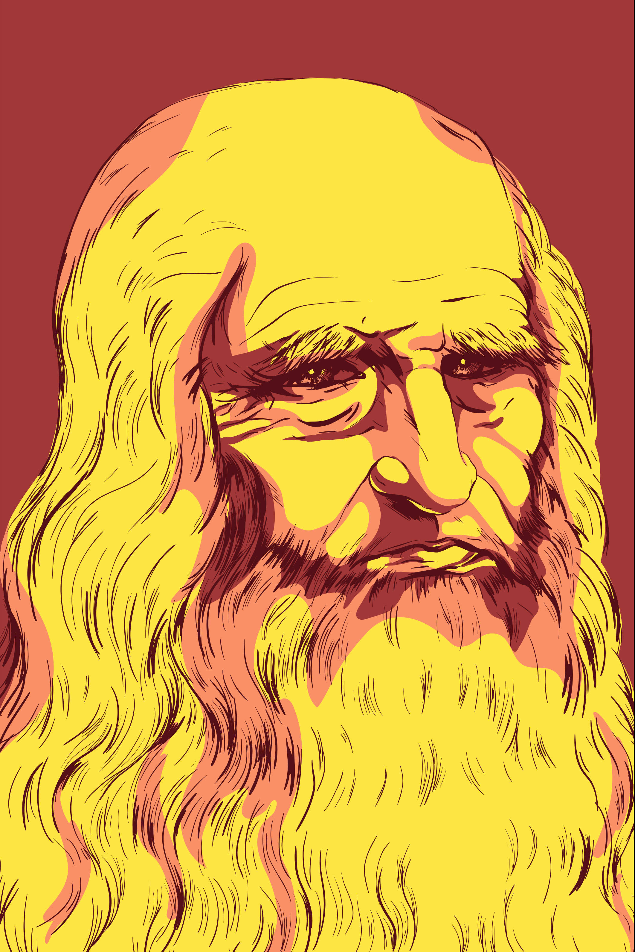 Leonardo Da Vinci 桌布 壁紙 — 一幅風格化的李奧納多·達文西肖像，擁有鮮黃色的頭髮和鬍鬚，背景為深紅色。