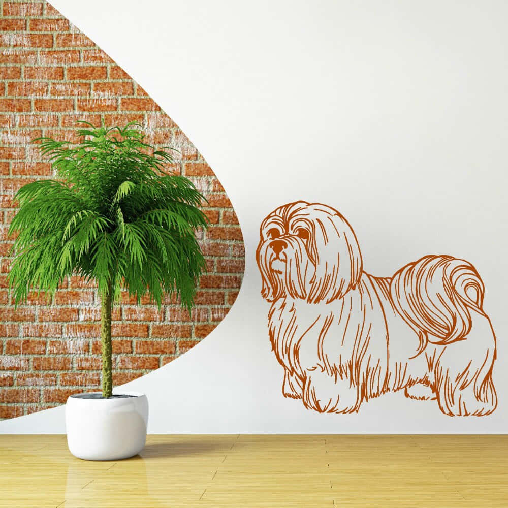 狗 桌布 壁紙 — 一幅風格化的橙色線條畫，描繪了一隻西施犬，裝飾在白色牆壁上，旁邊是一盆棕櫚樹，背景是彎曲的磚牆。