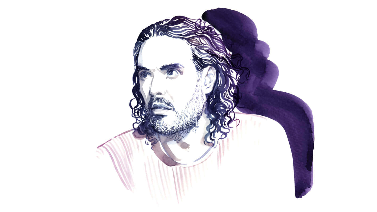 Celebrity 桌布 壁紙 — 一幅風格化的水彩插圖，描繪一位留著捲髮和鬍鬚的男子，以紫色和粉紅色調呈現在白色背景上。