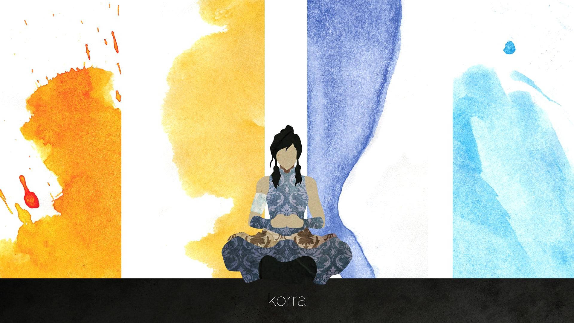 Korra 桌布 壁紙 — 一幅風格化的水彩插圖，描繪科拉以蓮花坐姿冥想，背景為抽象橙色、黃色和藍色水彩背景。