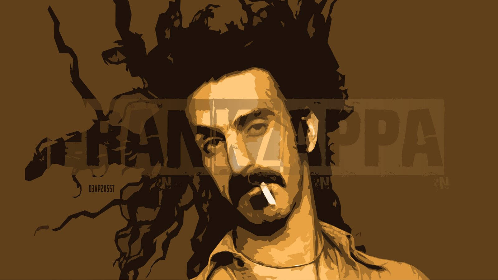 Zappa 桌布 壁紙 — 一幅風格化的法蘭克·薩帕插圖，頭髮蓬亂，叼著香煙，背景為棕色，他的名字以褪色文字呈現。