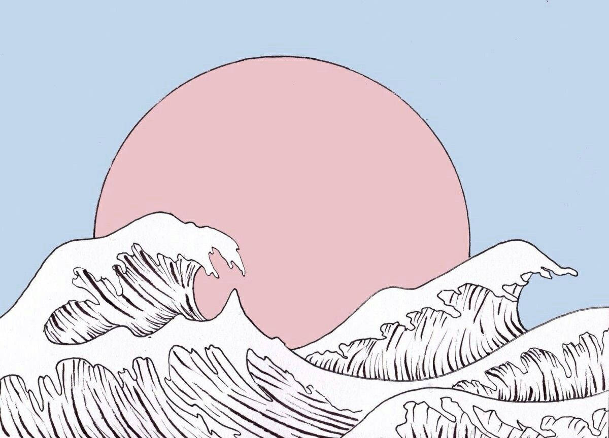 日式海浪 桌布 壁紙 — 一幅風格化的波浪插圖，以粗黑線條和白色填充，襯托柔和的粉紅色太陽和淺藍色天空。