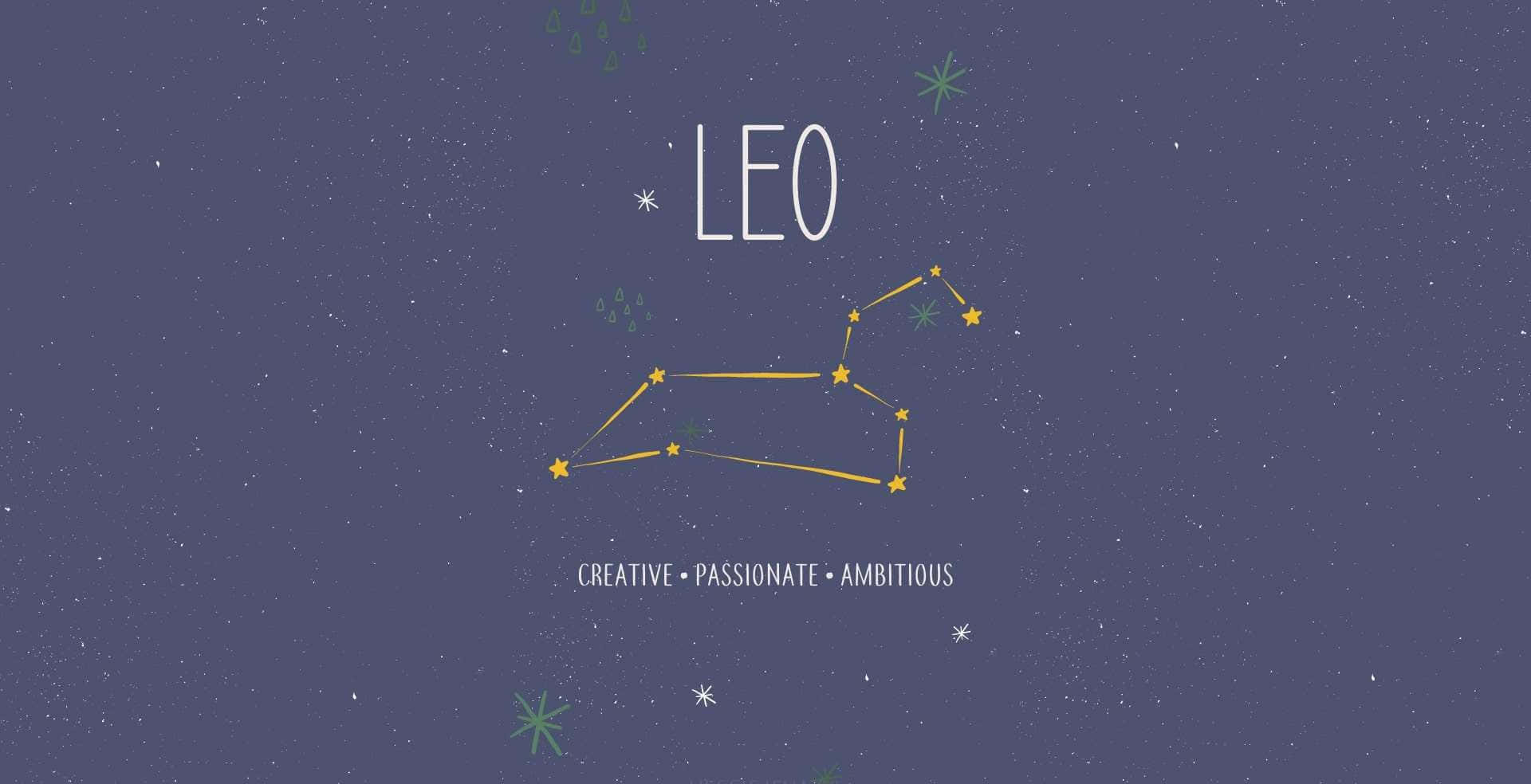 Leo 桌布 壁紙 — 一幅風格化的獅子座插圖，以金色線條和星星點綴在深紫色夜空上。