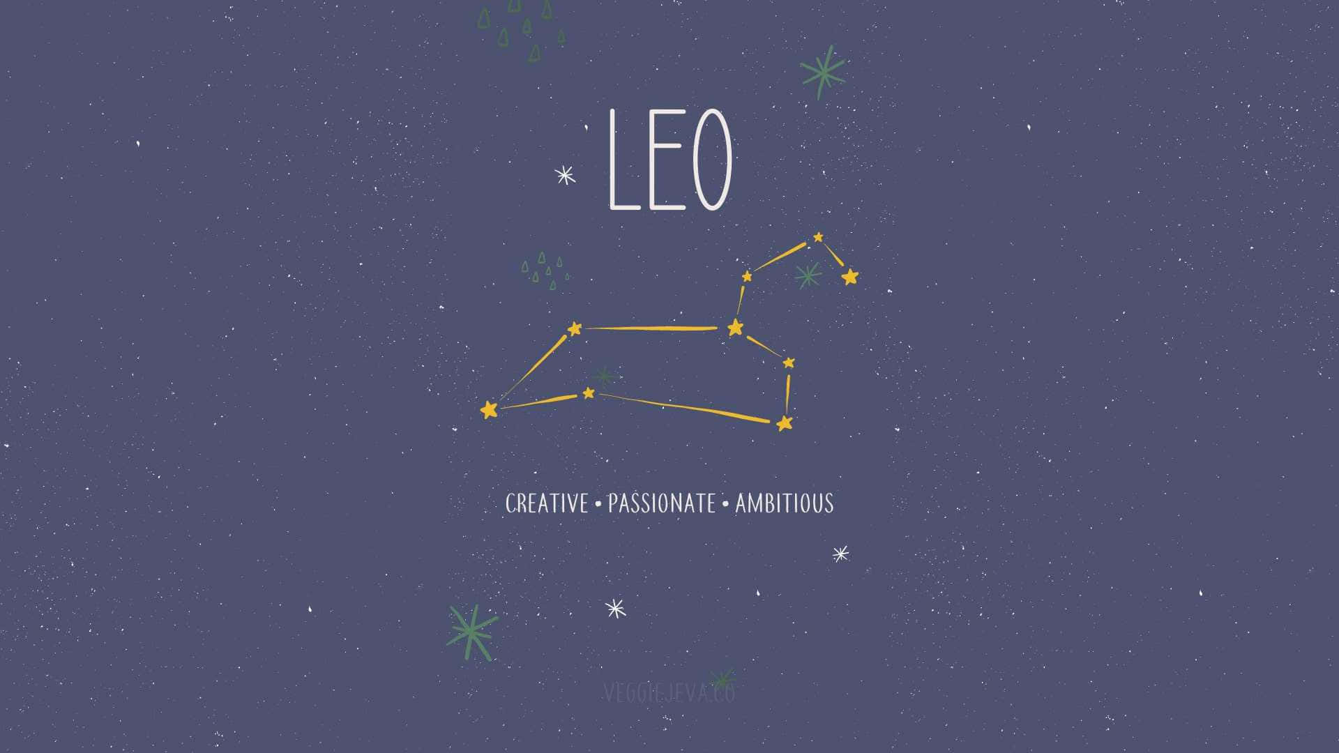 Leo 桌布 壁紙 — 一幅風格化的獅子座星座插圖，以金色線條和星星點綴在深紫色夜空上。