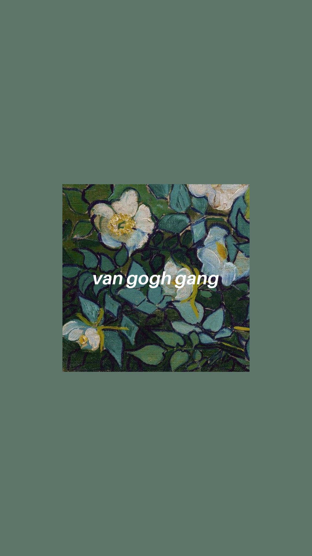 Vincent 桌布 壁紙 — 一幅風格化的畫作，描繪白色花朵，帶有黃色花心和綠色葉子，背景為柔和的綠色。