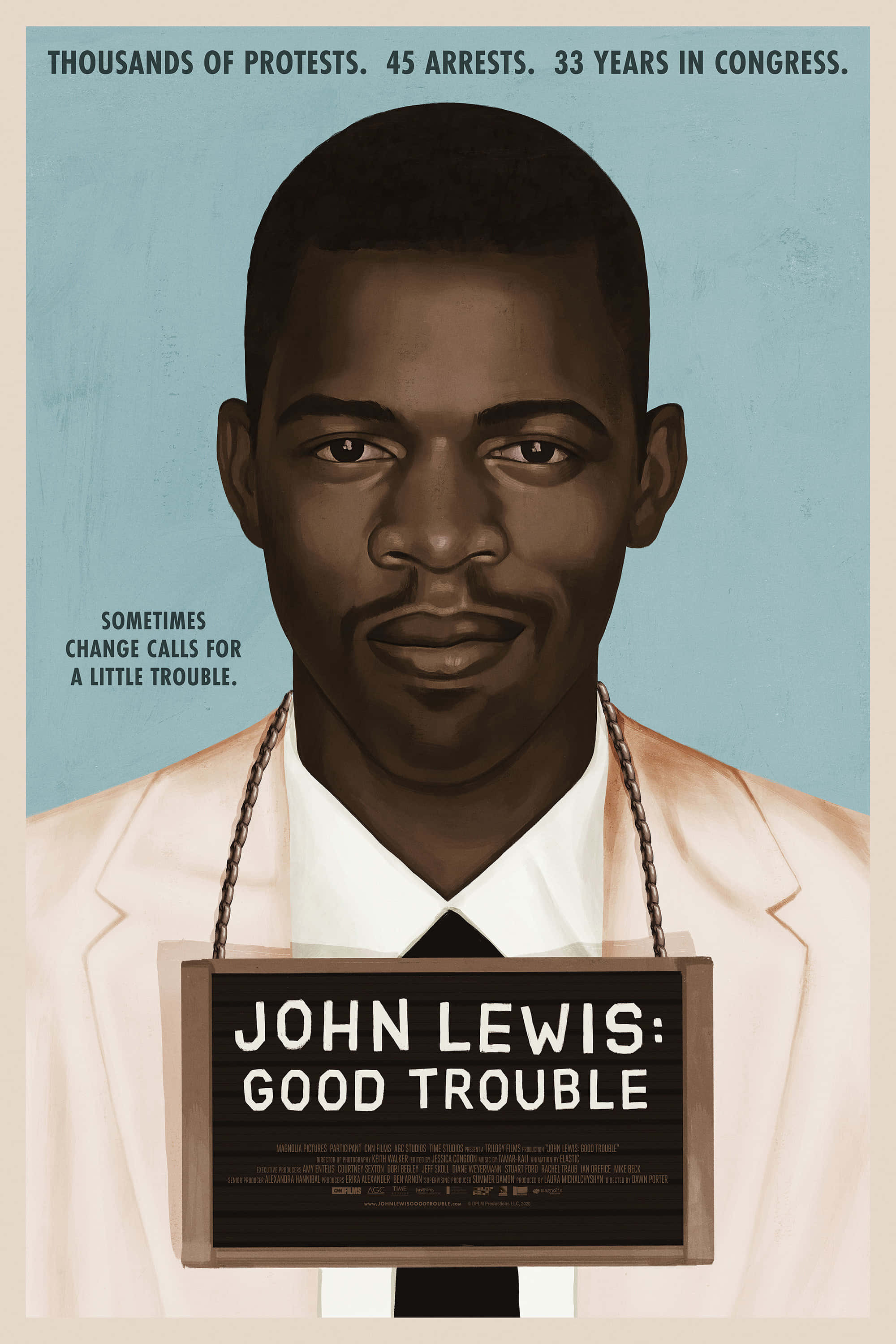 政治 桌布 壁紙 — 一幅風格化的約翰·路易斯肖像，手持寫有「John Lewis: Good Trouble」的標語牌，背景為柔和的藍色。