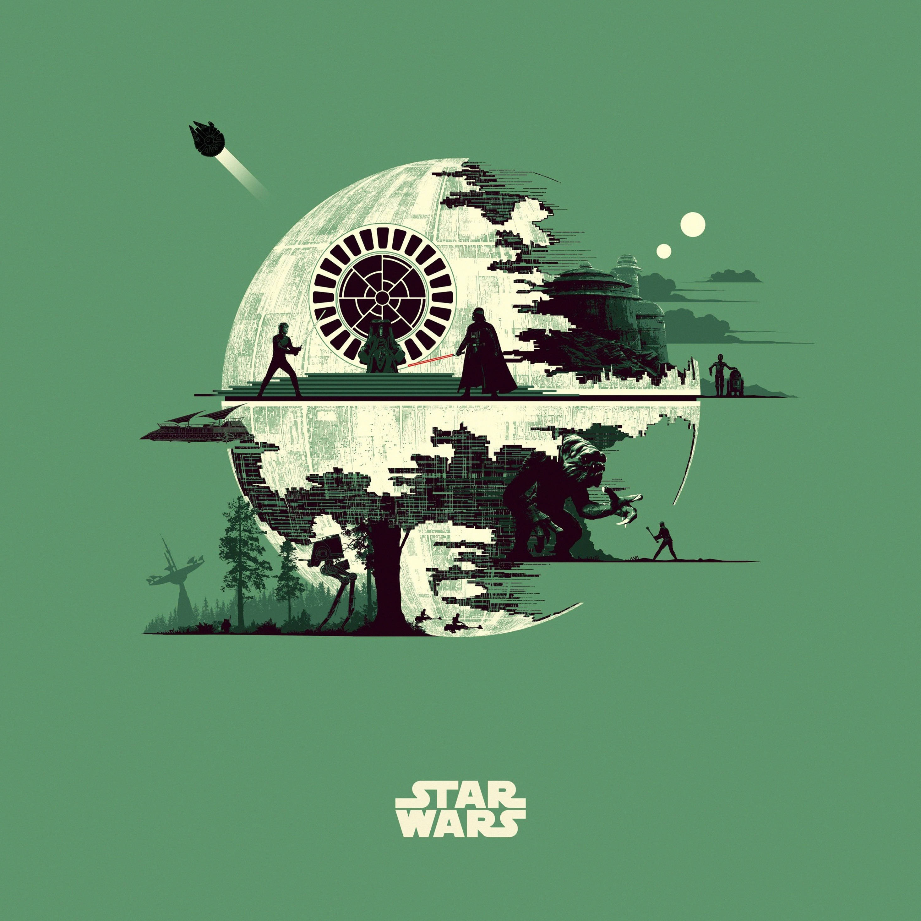 Star Wars iPad 桌布 壁紙 — 一幅風格化的綠色插圖，將星際大戰標誌如死星和達斯維達與地球場景和角色融合在超現實的分層構圖中。