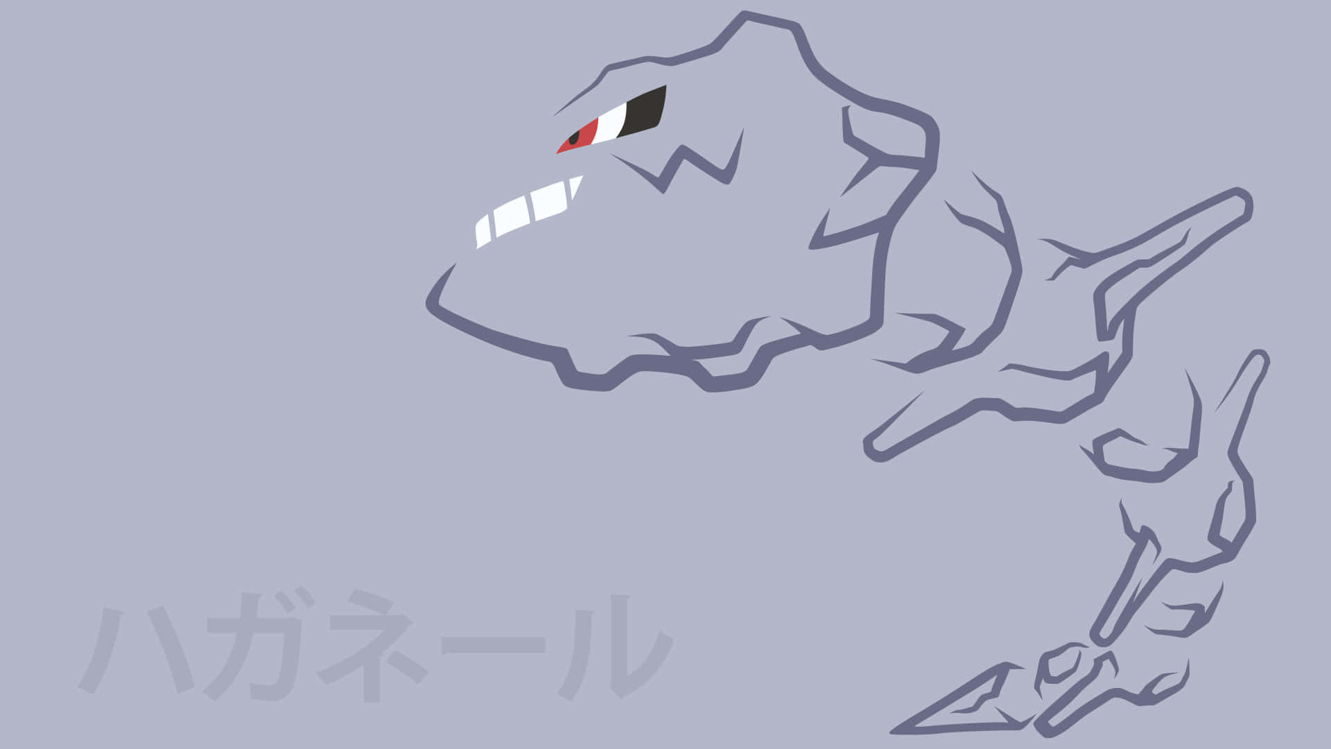 Pokemon Aesthetic 桌布 壁紙 — 一幅風格化的線條藝術插圖，描繪一隻兇猛的灰色爬行類生物，擁有尖銳的牙齒和紅色眼睛，背景為柔和的薰衣草色。