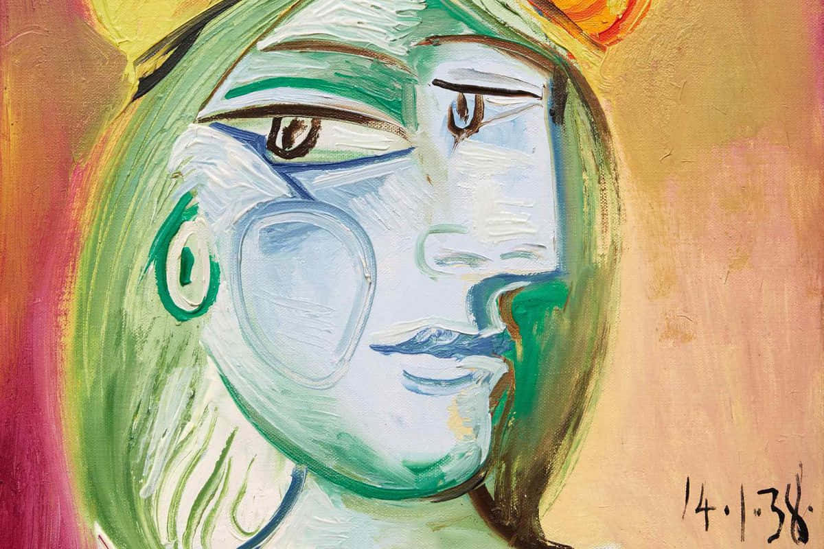 Picasso 桌布 壁紙 — 一幅風格化的繪畫肖像，描繪一位擁有綠色頭髮和藍色皮膚的女性，背景為溫暖的抽象背景。