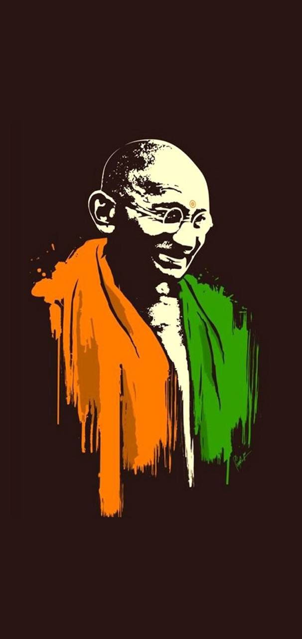 Mahatma Gandhi 桌布 壁紙 — 一幅風格化的聖雄甘地肖像，在深色背景上有橙色和綠色的油漆滴。