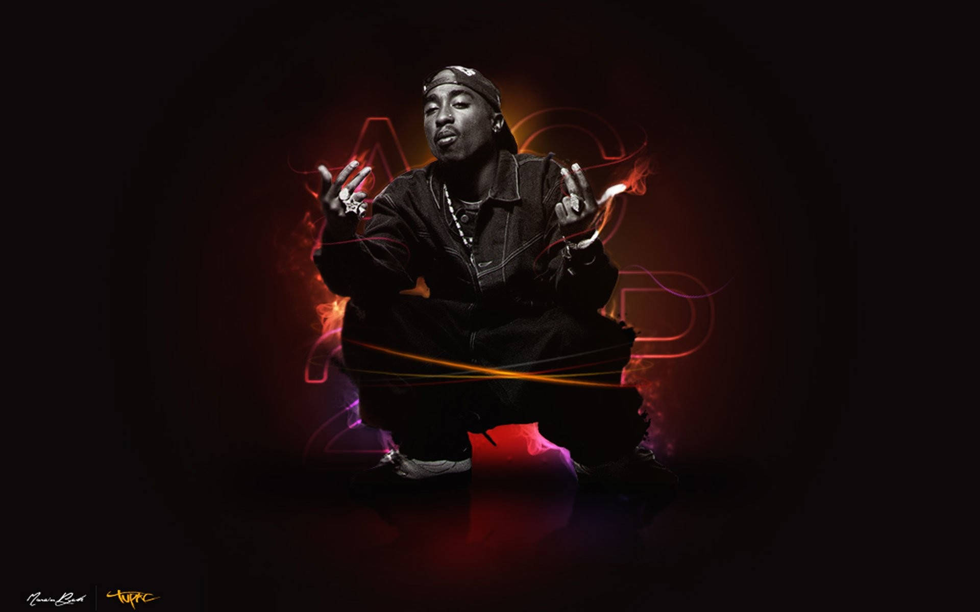 Tupac Shakur 在黑暗環境中蹲伏，帶有發光霓虹效果。