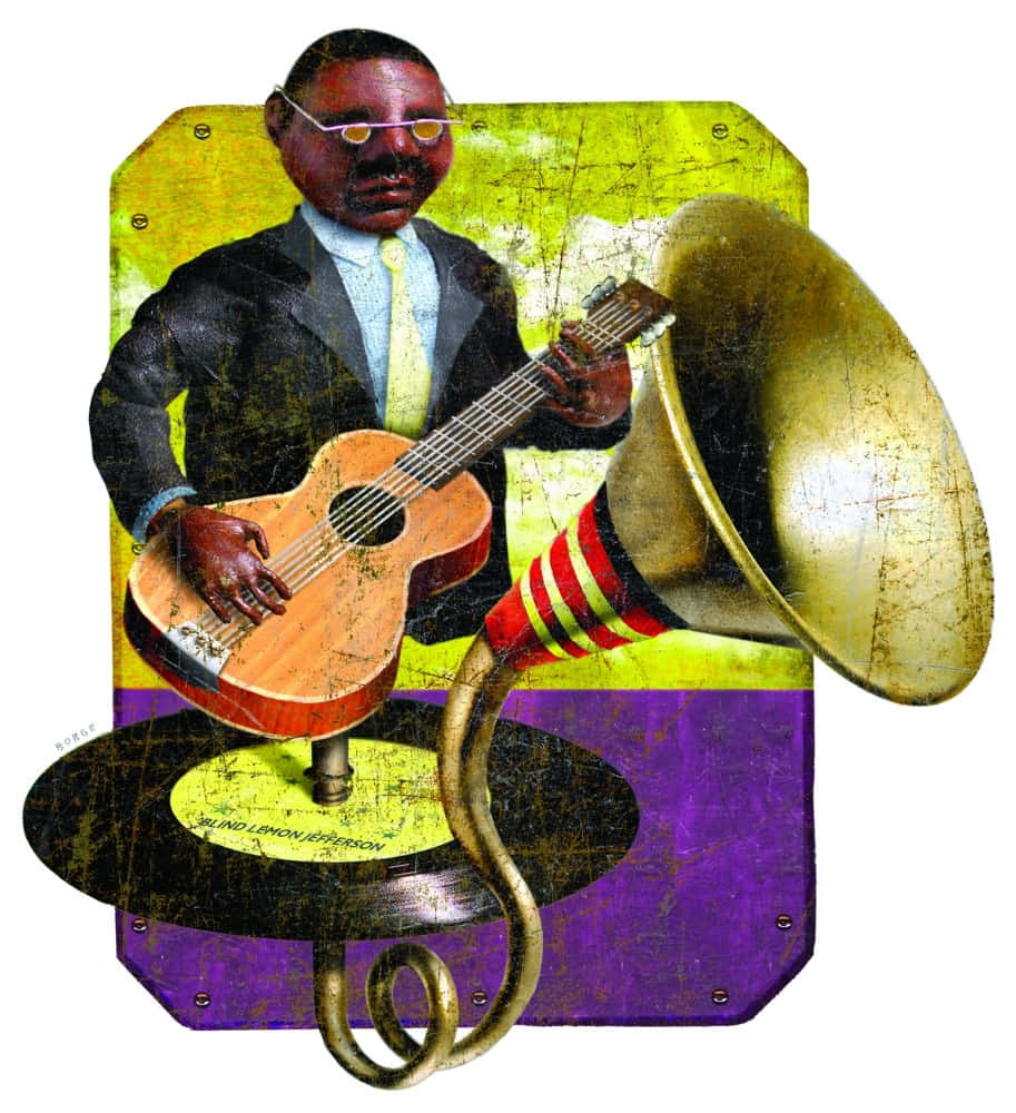 Acoustic Guitar 桌布 壁紙 — 一幅風格化的肖像，描繪 Blind Lemon Jefferson 在充滿活力的黃色和紫色背景前彈奏吉他，旁邊有一個復古留聲機喇叭。