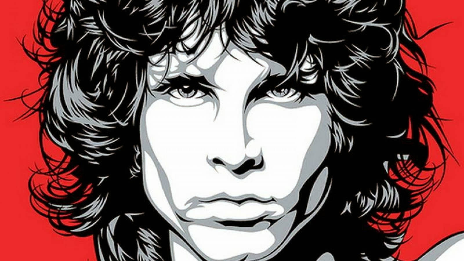 Morrison 桌布 壁紙 — 一幅風格化的肖像，描繪一個頭髮狂野的男人，以鮮明的紅色背景，使用高對比度的黑白和灰色調。