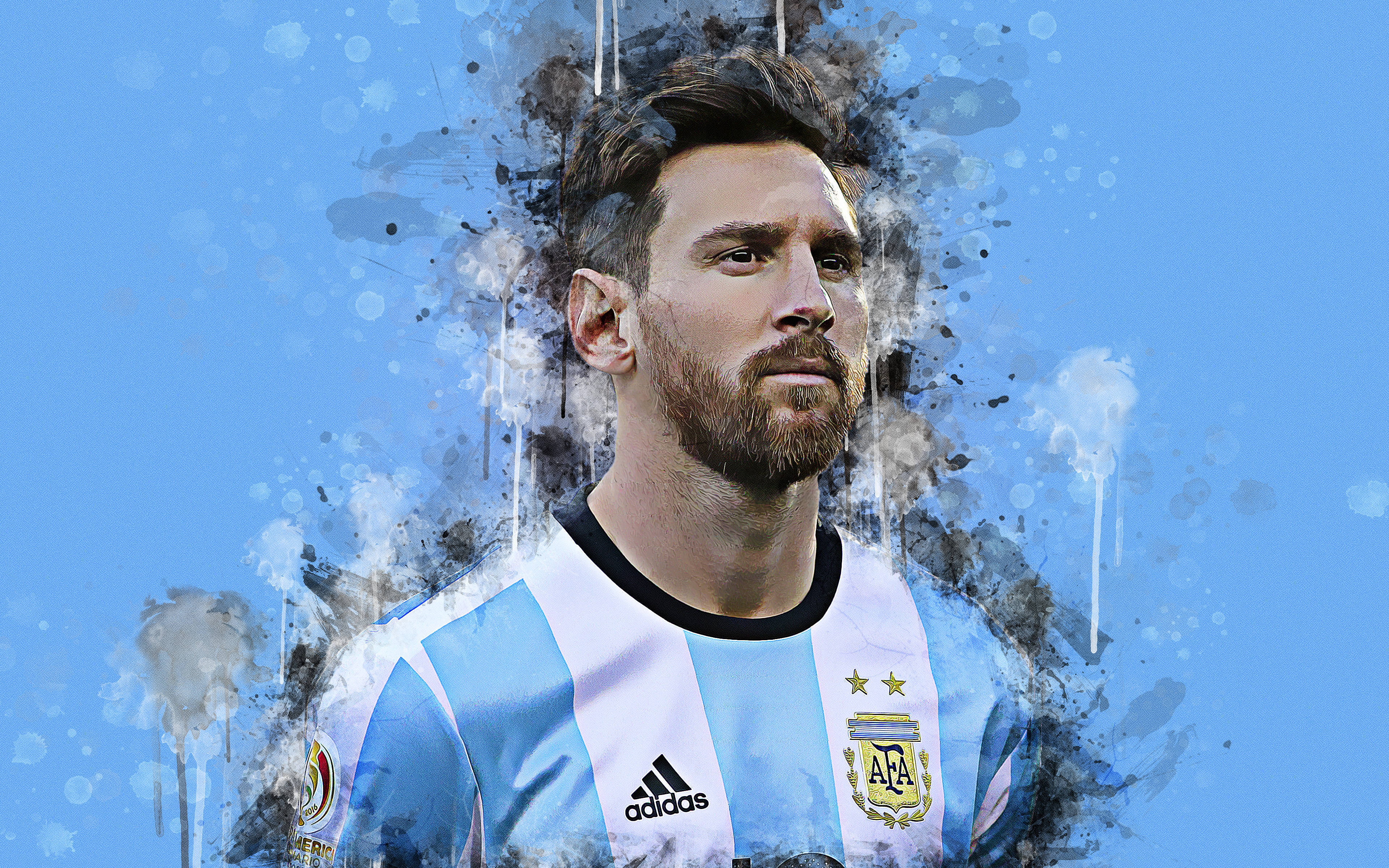 Messi 4K Ultra HD 桌布 壁紙 — 一幅風格化的肖像，描繪身穿阿根廷藍白條紋球衣的利昂內爾·梅西，在藍色背景上帶有油漆潑濺效果。