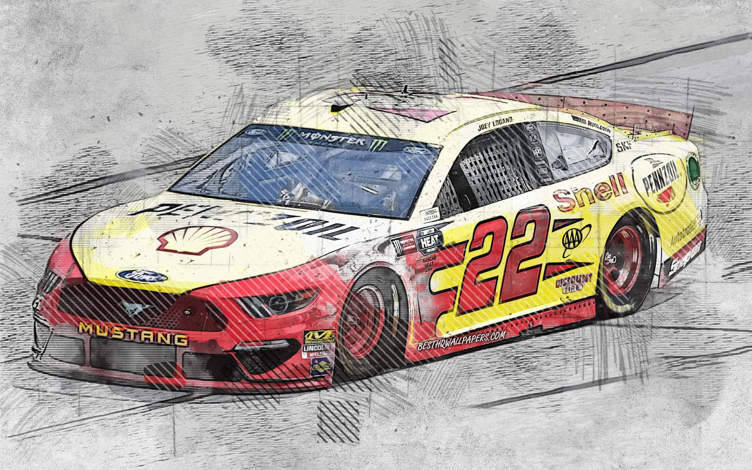 Joey Logano 桌布 壁紙 — 一幅風格化的草圖，描繪一輛紅、黃、白色的 #22 NASCAR Mustang 賽車在賽道上疾馳，帶有動態線條。