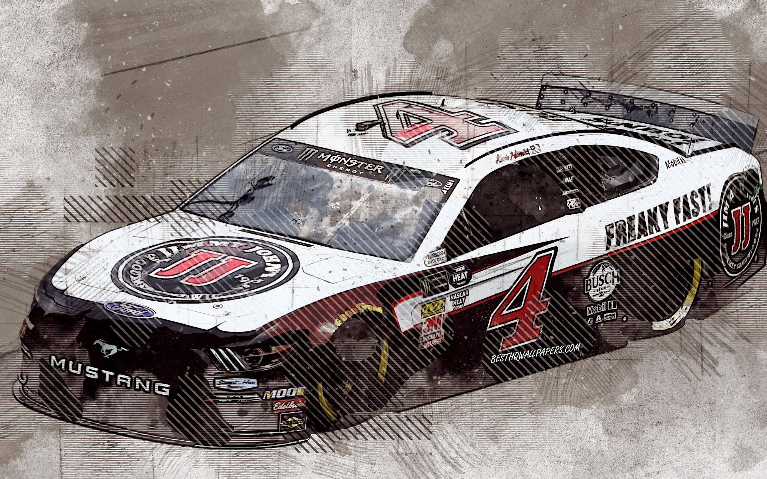 Kevin Harvick 桌布 壁紙 — 一幅風格化的草圖，描繪了一輛白色和黑色的NASCAR Mustang賽車，帶有4號和'Freaky Fast'品牌標識。