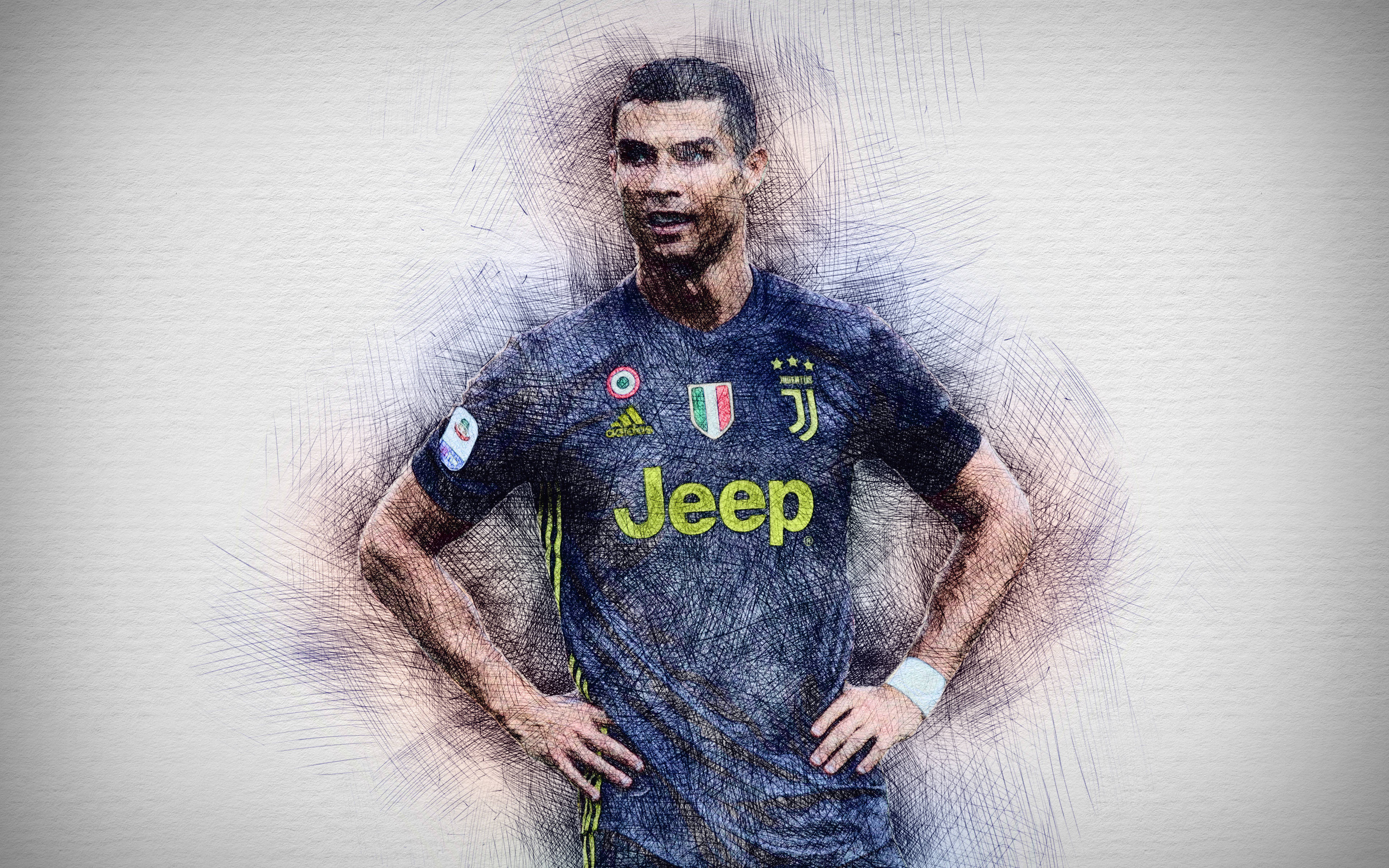 Ronaldo 桌布 壁紙 — 一幅風格化的草圖，描繪了克里斯蒂亞諾·羅納度身穿尤文圖斯足球球衣，雙手叉腰，背景帶有紋理。