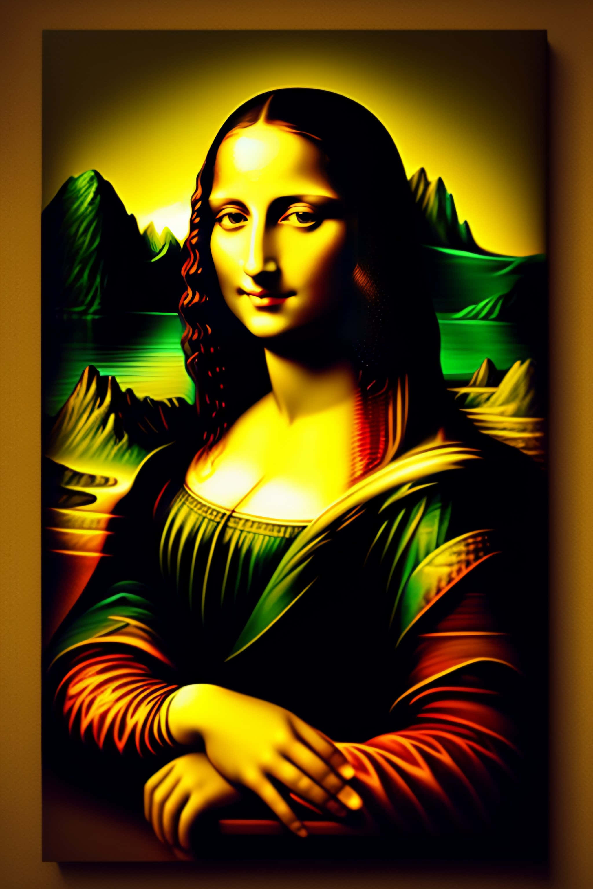Mona Lisa 桌布 壁紙 — 一幅風格化的蒙娜麗莎肖像，擁有發光的黃色皮膚，身後是綠色的山脈，在燦爛的陽光下。