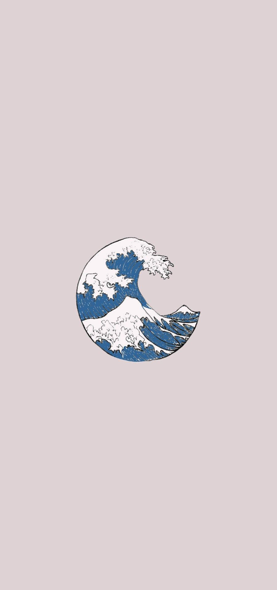 Wave 桌布 壁紙 — 一幅風格化的藍白波浪插圖，靈感來自葛飾北齋的《神奈川沖浪裏》，置於柔和粉紅色背景中央。